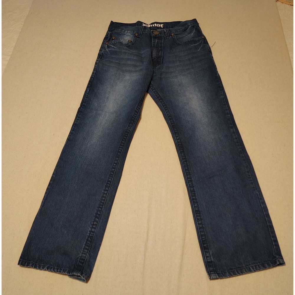 Dmae Mens Relaxed Straight Leg Jeans Blue Embroidered Back Pocket 34x32